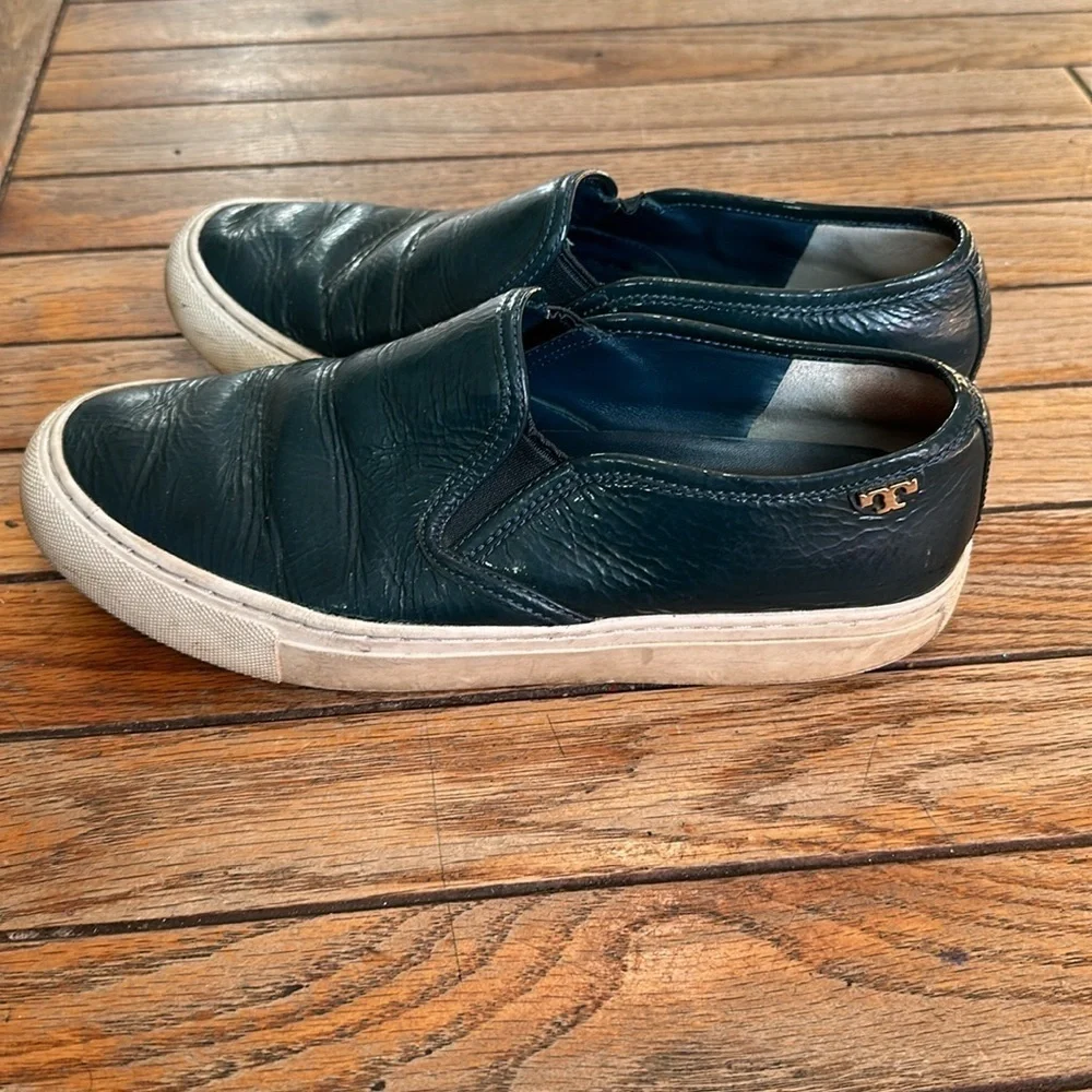 Tory Burch Jesse Black Leather Slip-On Loafer Flat Sneakers with White Size 7.5
